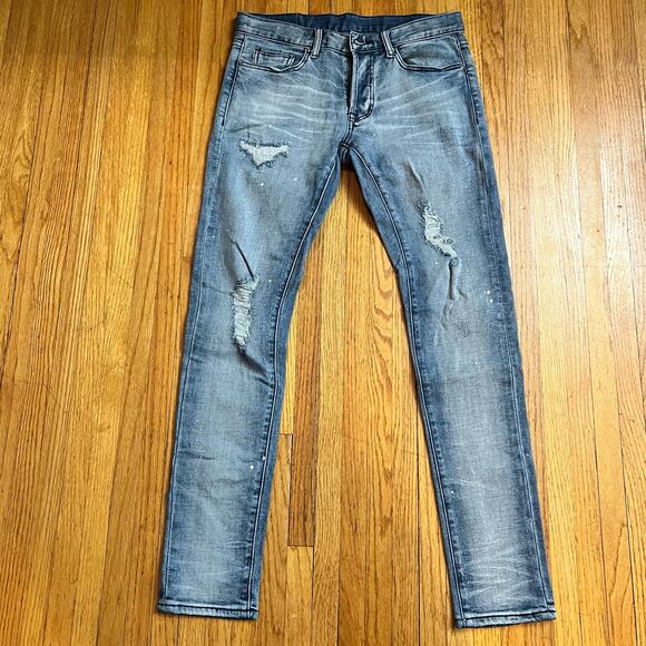 Mnml Skinny Jeans Mens 29 X31 Distressed Button Fly Denim Whisker Paint - Picture 1 of 9